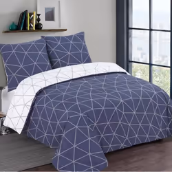 VISION - Parure de lit HUGO marine Réversible - 100% Coton - 1 housse de couette 260x240cm + 2 taies 65x65cm - Marine