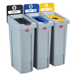 Station recyclage 3flux - Décharge (non recyclables) NOIR/Papier BLEU/Bouteilles plastique et canettes jaune Rubbermaid