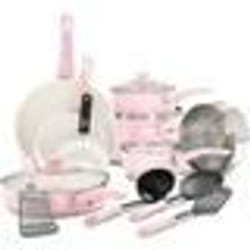 Batterie de cuisine antiadhésive GreenLife Soft Grip 16 pièces sans PFAS - Rose