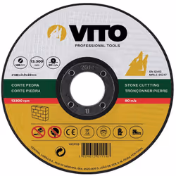 Disque à tronçonner la pierre VITOPOWER, avec un diamètre de 180 mm, un alésage de 22 mm, 80 m/s. EN 12413