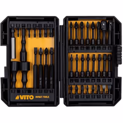 Jeu de 38 embouts de qualité professionnelle VITO pour visseuse à choc, idéal pour une gamme étendue de travaux de vissage. D ...