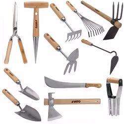 Les 12 outils de jardin VITO ont un manche en bois robuste et durable qui tient confortablement dans la main. Fabriqués au Po ...