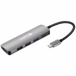 Sandberg USB-C Dock HDMI+3xUSB+PD 100W, Avec fil, USB 3.2 Gen 1 (3.1 Gen 1) Type-C, 100 W, Gris, 4K Ultra HD, Aluminium
