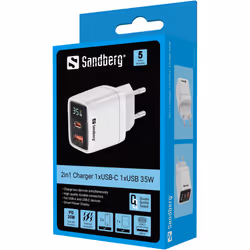 Sandberg 2in1 Charger 1xUSB-C 1xUSB 35W Universel Blanc Secteur Charge rapide Intérieure