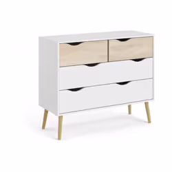 Commode 4 tiroirs - Blanc / Chene - Pietement évasé en bois massif - 98,7 x 39,1 x 81,7 cm Tvilum