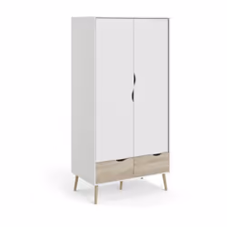 Armoire - Blanc / Chene - 2 portes / 2 tiroirs - Pietement évasé en bois massif - Chambre - 98,7 x 58,1 x 200,1 cm Tvilum