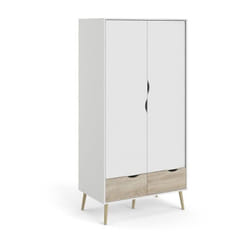 Armoire - Blanc / Chene - 2 portes / 2 tiroirs - Pietement évasé en bois massif - Chambre - 98,7 x 58,1 x 200,1 cm Tvilum