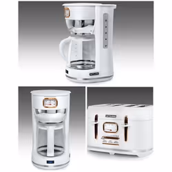 Cafetière - Vintage - 1000W - Grille-pain 4 tranches - Blanc et doré - Fonction décongélation