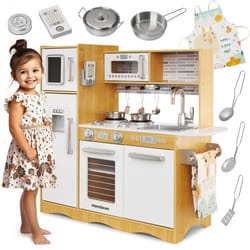 Mamabrum Cuisine Enfant En Bois Éclairage LED XXL 92 x 30 x 825 CM Ustensiles Tablier Frigo Micro-ondes Plaque Certifiée CE & EN