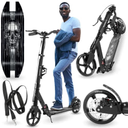 Trottinette Enfant Noire jusqu'à 100kg - 2 amortisseurs - Fleurs- Pliable - 2 Freins- Aluminium- ABEC-7