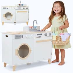 Cuisine Enfant en Bois & Lave Linge - Mamabrum - 735x29x67 cm - Blanc - Jouet Multifonctionnel - Sécurisé