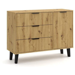 Sonia - Buffet 3 tiroirs + 1 porte style scandinave rainurés - 110x39x81.5cm - Meuble de rangement - Chêne