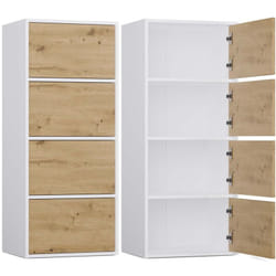 Topeshop - alma - Commode haute de rangement 4 portes avec ouverture tip-on - Blanc et artisan
