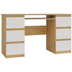 Topeshop - kuba - Bureau 6 tiroirs + plateau clavier - blanc et chêne artisan