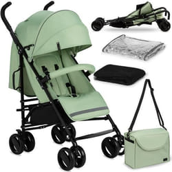 MoMi AKIRA - Poussette canne ultra compacte - Légère 6.7 kg - De 6 mois à 15 kg - Kit daccessoires - Sac et panier – Vert