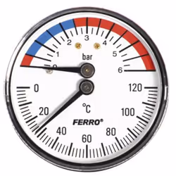 Thermomètre axial, 0-6 bar raccordement : 1/2" diamètre : 63 mm Température : 0-120 °C