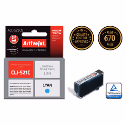 Activejet Encre ACC-521CN (Canon CLI-521C remplacement ; Suprême ; 10 ml ; bleu), Rendement élevé (XL), Encre à colorant, 10  ...