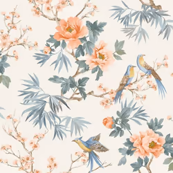Papier peint Oiseau Chinoiserie Amelie Orange / Blanc Rasch 260561
