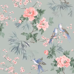 Papier peint Oiseau Chinoiserie Amelie Vert Sauge / Rose Rasch 260568