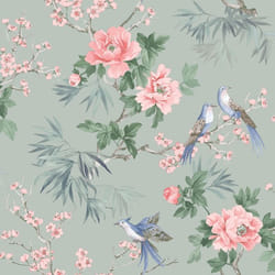 Papier peint Oiseau Chinoiserie Amelie Vert Sauge / Rose Rasch 260568