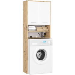 Meuble pour machine à laver AKORD FIN Chêne Artisan 64 cm 2 portes façade Blanche 4 étagères 64x30x180 cm