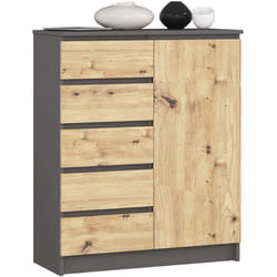 Commode AKORD K80 Gris Graphite 80 cm 1 porte 5 tiroirs façade Chêne Artisan 3 étagères 80x35x97 cm