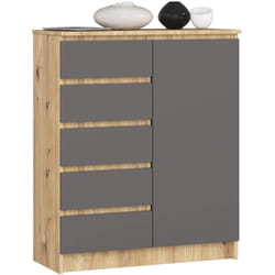 Commode AKORD K80 Chêne Artisan 80 cm 1 porte 5 tiroirs façade Gris Graphite 3 étagères 80x35x97 cm