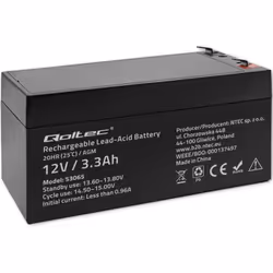 Qoltec 53065, Sealed Lead Acid (VRLA), 12 V, 1 pièce(s), Noir, 3,3 Ah, 10 année(s)
