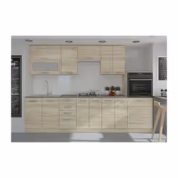 La cuisine LASSEN de 300cm largeur en coloris bois sonoma avec demi-colonne four et meuble hotte est fabriquée a partir de ma ...