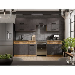 Cuisine Complete Rock 7 Éléments - Décor Chene Lancelot Et Gris Matera - L260 X P 52 X H82 Cm