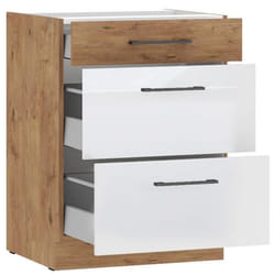 ROCK - Meuble bas casserolier - Mélaminé chêne Lancelot et Blanc brillant - 60 cm - 3 tiroirs - Plan de travail non inclus