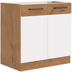 Rock - Meuble sous évier - Mélaminé chêne Lancelot et Blanc brillant - 80 cm - 2 portes battantes - Plan de travail non inclu ...