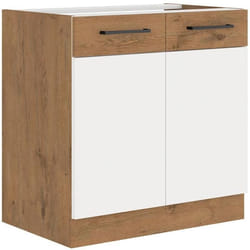 Rock - Meuble sous évier - Mélaminé chêne Lancelot et Blanc brillant - 80 cm - 2 portes battantes - Plan de travail non inclus