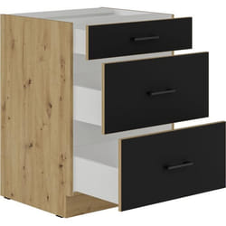 MODENA - Meuble bas casserolier - 3 tiroirs - 60 x 52 x 82 cm - Chêne artisan / Noir mat - Plan de travail non inclus