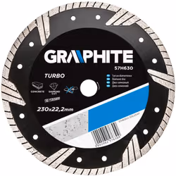 Le disque diamanté turbo GRAPHITE (réf. 57H630), d'un diamètre extérieur de 230 mm, est idéal pour les travaux de constructio ...