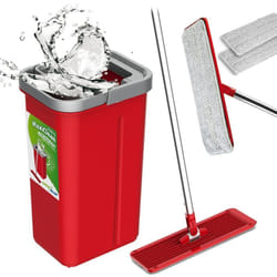 Serpillère plate + seau + perche télescopique + 2 x tampons microfibres 5,7 l Set xxl pour nettoyage des sols tête rotative