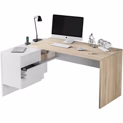 Table de Bureau + caisson avec 3 tiroirs Chêne canadian - Blanc Artik - Hauteur 73 x longueur 145 x Profondeur 108 cm