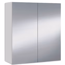 Elément haut de salle de bain équipé de 2 portes avec miroirs en blanc brillant, ce meuble mural comporte 2 tablettes intérie ...