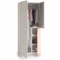 Armoire enfant avec 2 portes coloris blanc alpes / rose. Elle offre grace à son aménagement intérieur une grande place de ran ...