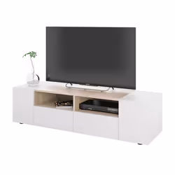 Meuble TV en panneaux de particules blanc des Alpes et décor chêne canadien. Style et design contemporain avec 4 portes dont ...