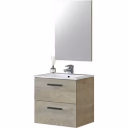Meuble sous vasque de salle de bain Suspendu 60 cm avec 2 tiroirs + Miroir - Hauteur 57 x Longueur 60 x Profondeur 45 cm