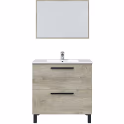 Meuble de salle de bain sous vasque avec 2 tiroirs et 1 miroir coloris Alaska chêne à nœuds, Fabriqué en panneau aggloméré ha ...