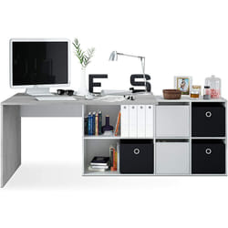 Bureau avec caisson coloris Blanc artic / béton- Longueur 136-203 cm x Hauteur 74 x Profondeur 66/ 33 cm