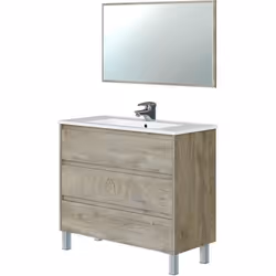 Meuble de salle de bain de 3 Tiroirs + Miroir coloris alaska chêne nordic -Longueur 100 cm x Hauteur 86 cm x Profondeur 45 cm