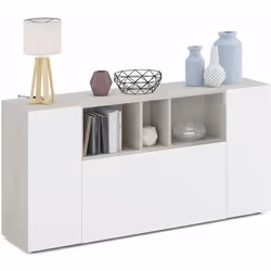 Buffet meuble de rangement avec 3 portes coloris Béton - blanc artic - Longueur 150 x Hauteur 76 x Profondeur 41 cm