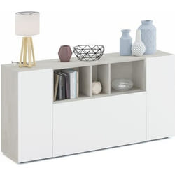 Buffet meuble de rangement avec 3 portes coloris Béton - blanc artic - Longueur 150 x Hauteur 76 x Profondeur 41 cm