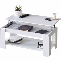 Table basse relevable en mélamine coloris Blanc Artic avec plateau relevable. Cette table basse design et fonctionnelle est i ...
