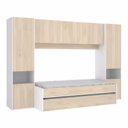 Lit enfant gigogne 90 x 190 cm coloris blanc -chêne + armoire - Longueur 302 x Hauteur 203 x Profondeur 97 cm