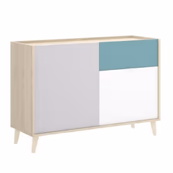 Buffet Bas 2 portes et 1 tiroir coloris naturel et émeraude - Longueur 105 x Hauteur 75 x Profondeur 43 cm