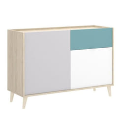 Buffet Bas 2 portes et 1 tiroir coloris naturel et émeraude - Longueur 105 x Hauteur 75 x Profondeur 43 cm